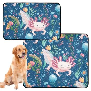 Imagem de TSENQUE Cute Axolotls Floral Blue Sea Lavável Pet Pee Pads Pet Reutilizável Tapete de Gaiola de Cachorro Impermeável Tapete Absorvente Bonito Absorvente, Médio + Grande, Conjunto de 2