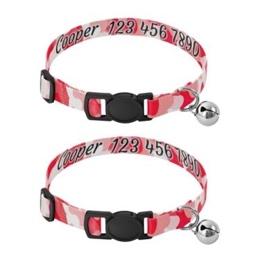 Imagem de Faixa de pescoço para cães pequenos, gatos, filhotes, pacote com 2, abstrata, camuflagem, vermelha, alça de pescoço com nome e número de telefone, serve para pescoço de 27 a 43 cm