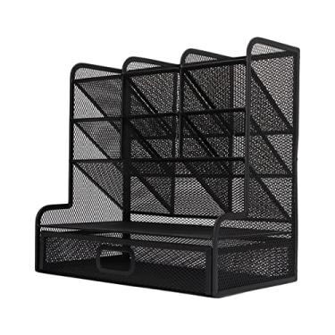 Imagem de Acouto Mesa de Malha Com Gaveta - Suporte de Malha Design de Inclinação 9 Compartimentos Gaveta Inferior Estrutura Vertical Preta Perspectiva Porta-lápis de - Organizadores de Mesa e Acessórios