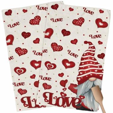 Imagem de Conjunto de 2 toalhas de cozinha, toalhas de mão de amor romântico gnomo dos namorados pano de prato de microfibra absorvente coração vermelho vintage linho lavável barra de chá panos de limpeza de