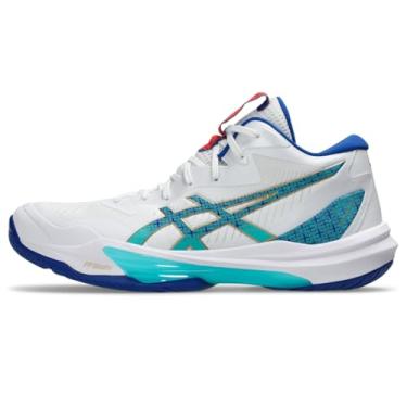 Imagem de ASICS Tênis de vôlei masculino Sky Elite FlyteFoam cano médio 3, Branco/Azul assimétrico, 44