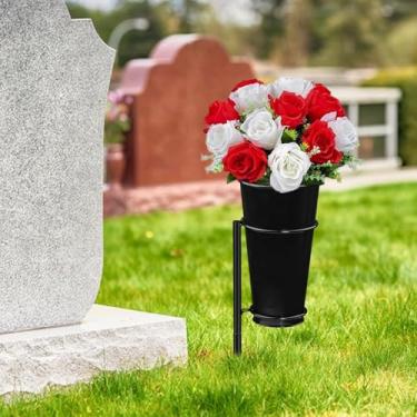 Imagem de Bothyi Vaso para Flores de Cemitério, Vaso Memorial de Metal Removível Preto com Espigão, Suporte para Arranjo de Flores em Gramado Externo, L