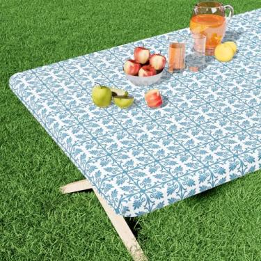 Imagem de misaya Toalha de mesa retangular de vinil, toalha de mesa elástica com forro de flanela, capa de mesa de plástico 100% à prova d'água, serve para mesas dobráveis de 100 metros para piquenique,