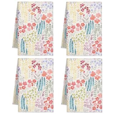 Imagem de Macarrie 4 peças de toalhas de cozinha de flores silvestres em aquarela 45,7 x 66 cm de microfibra modernas e fofas toalhas de mão para secagem limpeza absorvente casa de fazenda decorativa para casa