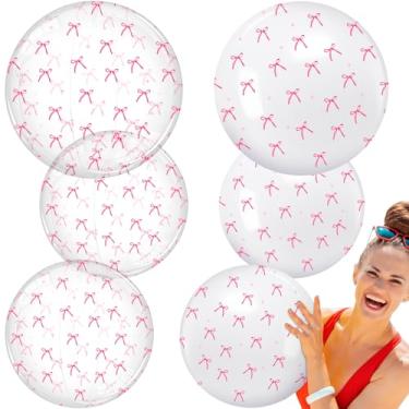 Imagem de Vertintong 6 peças bola de praia com laço rosa a granel bola inflável de festa inflável inflável, fundo branco e transparente, brinquedos de piscina para o verão, decorações de festa tropical havaiana