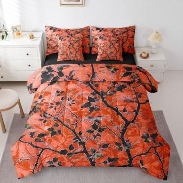 Imagem de Conjunto de cama solteiro com 7 peças de camuflagem laranja, chalé rústico em uma bolsa, galhos da floresta com folhas, conjunto de edredom, conjunto de lençóis, fronhas e fronhas, decoração de quarto