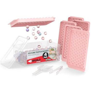 Imagem de Conjunto de 4 bandejas redondas para cubos de gelo rosa, sem BPA, com tampa, cesto e pinça, 104 bolas de gelo por bandeja para uísque, café e coquetéis, congelamento rápido e liberação fácil, conjunto
