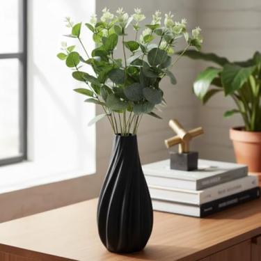 Imagem de Arranjo de Eucalipto Verde Artificial 45cm com Vaso Ondulado – Decoração Sofisticada para Casa e Escritório (Preto)