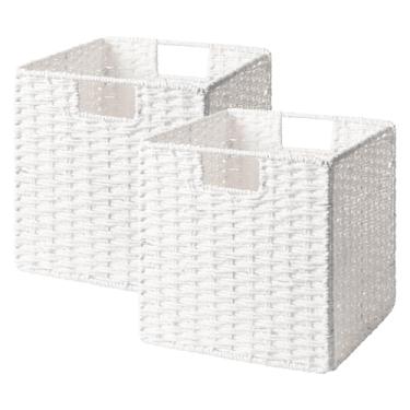 Imagem de StorageWorks Cubos de armazenamento de vime de 28 cm, cesto de armazenamento de cubo tecido à mão, cesta de cubos quadrados, cesta de corda de papel dobrável para organização, branco, pacote com 2