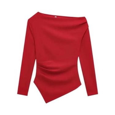 Imagem de Camiseta Feminina De Verão Com Um Ombro, Manga Longa Assimétrica, Top 