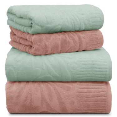 Imagem de Kit 4 Toalhas Banho e Rosto Fio Penteado 100% Algodão Macias Absorventes Espessas Aveludadas Conforto para Rotina de Banho (Verde Campestre | Rosa Cristal)