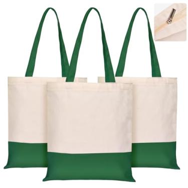 Imagem de Pacote com 3 sacolas de lona estética – com zíper e bolso interno, bolsa de pano reutilizável para compras de supermercado, bolsa moderna de algodão de dois tons para artesanato, faça você mesmo seus