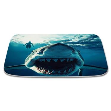 Imagem de Tapete de banho divertido tubarão praia subaquática banheiras de banho de veludo coral antiderrapante oceano mar conjunto de decoração tapete de cozinha absorvente flanela tapete de cozinha 40,6 cm x
