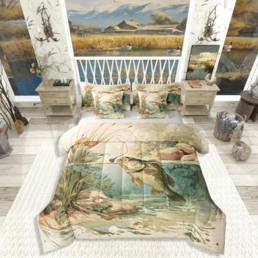 Imagem de Erosebridal Conjunto de edredom solteiro com 7 peças, para caça selvagem, vintage, aquarela, lúcio, para quarto de meninos, crianças, adultos, quarto rústico, fazenda, lago