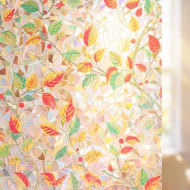 Imagem de Película removível para janela de privacidade sem cola, prisma 3D, folhas de outono, matizes de porta de vidro deslizante, reduzem o calor, antirreflexo UV, brilho solar, adesivo de capa manchada, 89