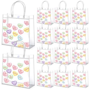 Imagem de Aliceset 12 peças de sacos de presente de Dia dos Namorados a granel impresso em coração transparente com alças reutilizáveis sacolas de presente de PVC para lembrancinha de festa de aniversário de