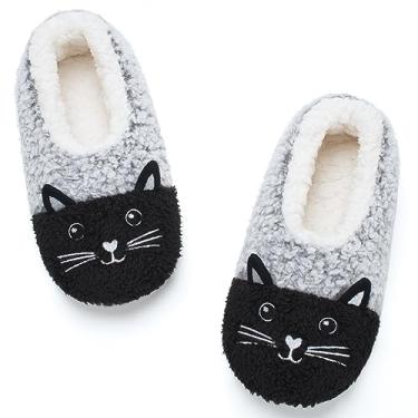 Imagem de Cozylook Pantufas fofas para casa de animais – Meias felpudas e quentes para quarto antiderrapante com designs de rosto divertidos, presentes divertidos de Natal exclusivos, Gato cinza, 9-10