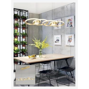 Imagem de Luminária pendente moderna em formato de anel, dourada, com LED dimerizável, controle remoto, ideal para cozinha, sala de jantar, escritório ou bar. Altura ajustável, 88 cm (comprimento) e 8