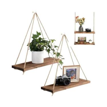 Imagem de Prateleira Suspensa De Madeira Com Corda De Cânhamo Para Plantas Flutu