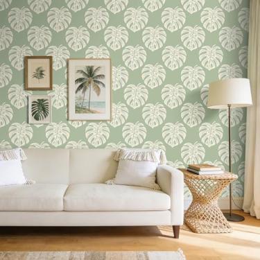 Imagem de ICOOP Papel de parede tropical descasque e cole papel de parede boho verde 43 cm × 600 cm, papel de parede de folha de palmeira para sala de estar, quarto, banheiro, cozinha, selva monstera, mesa
