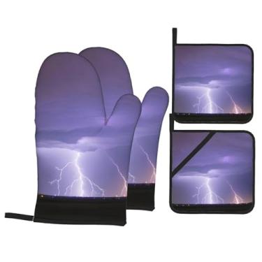 Imagem de Conjunto de luvas de forno estampadas Lightning Storm, conjunto de 4 peças adequado para grelhar, cozinhar e assar