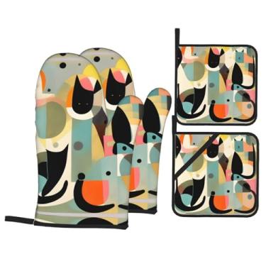 Imagem de Conjunto de luvas de forno impressas em gatos de arte moderna de meados do século, conjunto de 4 peças adequado para grelhar, cozinhar e assar