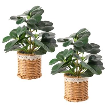 Imagem de Nubry Pacote com 2 plantas falsas em vasos artificiais com vaso trançado para prateleira e mesa | Perfeito para decoração de mesa de centro de 25 cm