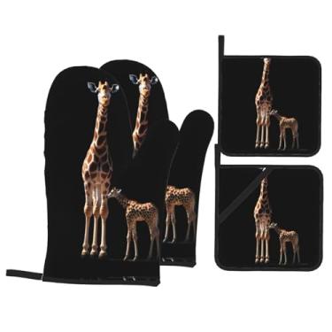 Imagem de Conjunto de luvas de forno com estampa de girafa para mãe e bebê, conjunto de 4 peças adequado para grelhar, cozinhar e assar