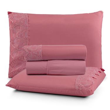 Imagem de Jogo de Lençol Nobre Solteiro 3 Peças MicroPercal 200 Fios Bordado Inglês Fino - Pessego - 100% Poliéster