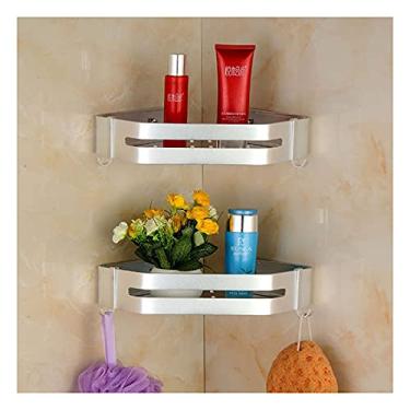 Imagem de Prateleira de banheiro preta de alumínio espacial prateleiras de chuveiro armazenamento de canto rack de cosméticos montado na parede com gancho organizador de prateleira de banheiro (cor: prata - 2