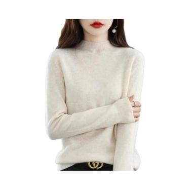 Imagem de Suéter Feminino De Lã Pura Para Outono E Inverno, Gola Semi-Alta, Mang