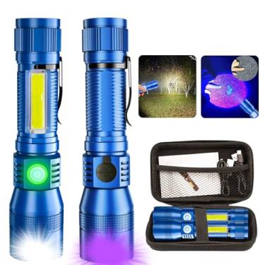 Imagem de AdamStar Lanternas de luz preta, lanterna UV 3 em 1 com clipe, base magnética, luz COB, lanterna tática recarregável, lanterna de LED de alto lúmens, 7 modos, pacote com 2 com capa - azul