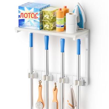 Imagem de Olakee Suporte de parede para vassoura com organizador de materiais de limpeza, organização de lavanderia e prateleiras de armazenamento, suporte para esfregão com ganchos, organizador de armário de