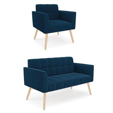 Imagem de Namoradeira E Poltrona Pé Palito Natural Elisa Bouclê D03 - D'rossi Cor Azul