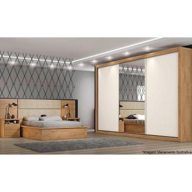 Imagem de Guarda Roupa Casal 3 Portas De Correr E 6 Gavetas C/ 1 Espelho Toronto Amêndoa/off White - Europa