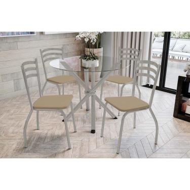 Imagem de Conjunto: Mesa Sala Jantar Volga C- Tampo De Vidro 95cm E 4 Cadeiras Portugal Niquel - Courano Capuccino - Kappesberg