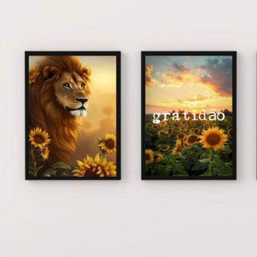Imagem de Kit 2 Quadros Leão Girassóis 33x24cm - Vidro e Moldura Preta