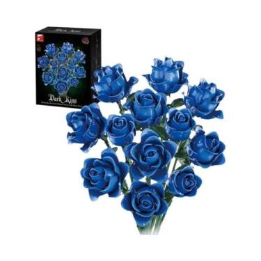 Imagem de Blocos De Montar Rosa Azul 585 Peças - Modelo De Buquê De Flores Simul