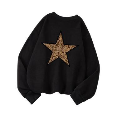 Imagem de Moletom Feminino Solto Com Gola Redonda, Estampa De Estrela Em Imitaçã