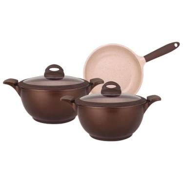 Imagem de MTA - Conjunto de 3 Panelas, Peças Antiaderente, Cor Marrom, Linha Belga.