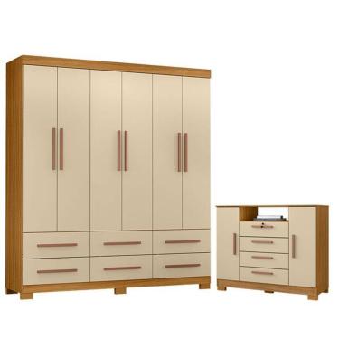 Imagem de Cômoda Madri E Guarda Roupa Casal New Kansas Carvalho Americano Off White - Incorplac