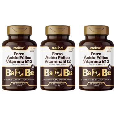 Imagem de Kit 3x Ferro Ácido Fólico Vitamina B12 60 Capsulas 350mg Melfort-Unissex