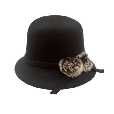 Imagem de Chapéu Clochê Coquinho Pompom Feminino Anos 60 Chique Feltro Cor:Preto