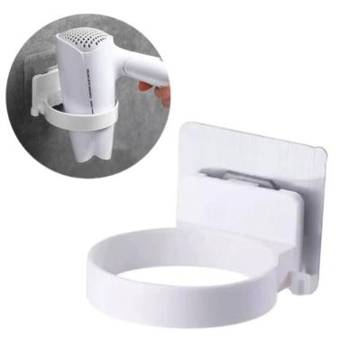 Imagem de Suporte Adesivo de Parede para Secador de Cabelo com Gancho Plástico Fixação sem Furo para Banheiro