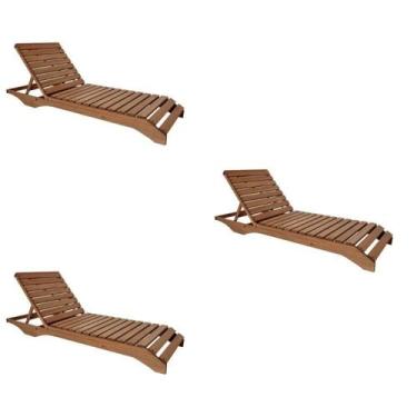 Imagem de Conjunto 3 Espreguiçadeiras para Jardim em Madeira Maciça Chaise Long 