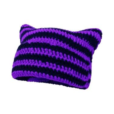 Imagem de Gorro Feminino Com Orelhas De Gato Y2K Listrado De Tricô Quente De Inv