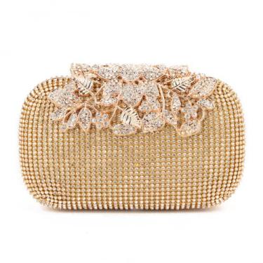Imagem de Bolsas Clutch Femininas de Cristal Flor Bolsas de Noite Bolsa de Casamento com Strass Bolsa de Festa, Dourado, M