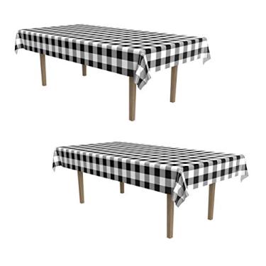 Imagem de Beistle 2 peças de capas de mesa retangulares de plástico para festas de férias e dia a dia, outono, dia de Ação de Graças, louças de Natal, 137 x 274 cm, preto/branco