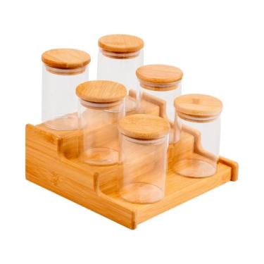 Imagem de Oikos - Kit 6 Potes de Vidro 110ml com Tampa de Bambu Herméticos e Rack Organizador
