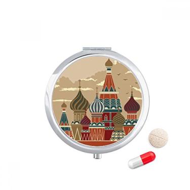 Imagem de Porta-comprimidos de bolso quadrado vermelho para viagem da Catedral da Rússia, caixa de armazenamento de medicamentos, dispensador de espelho para presente